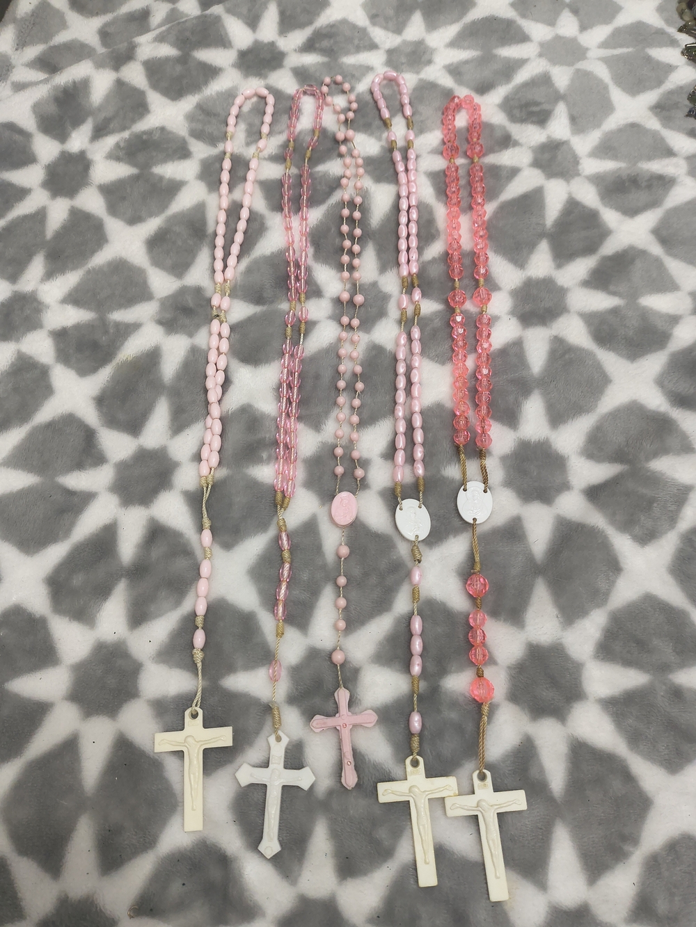 Pink Beaded Rosary Necklace Lot with Cross Pendants